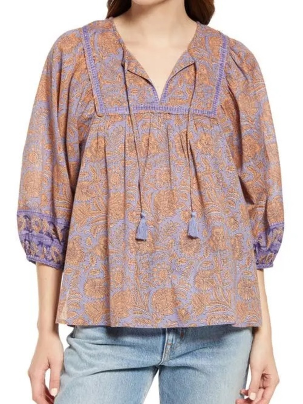 Cleobella Amarillis Floral Block Print Organic Cotton Peasant Blouse Medium
